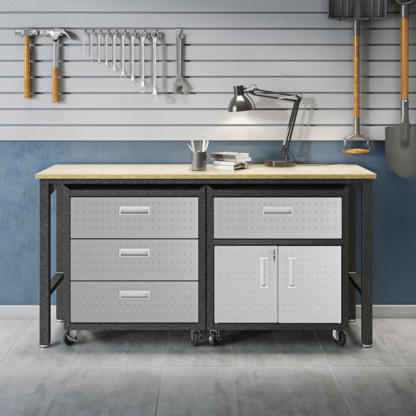 Manhattan Comfort 3-Piece Fortress Mobile Space-Saving Steel Garage Cabinet and Worktable 5.0 in Grey | Drawers | Modishstore-11