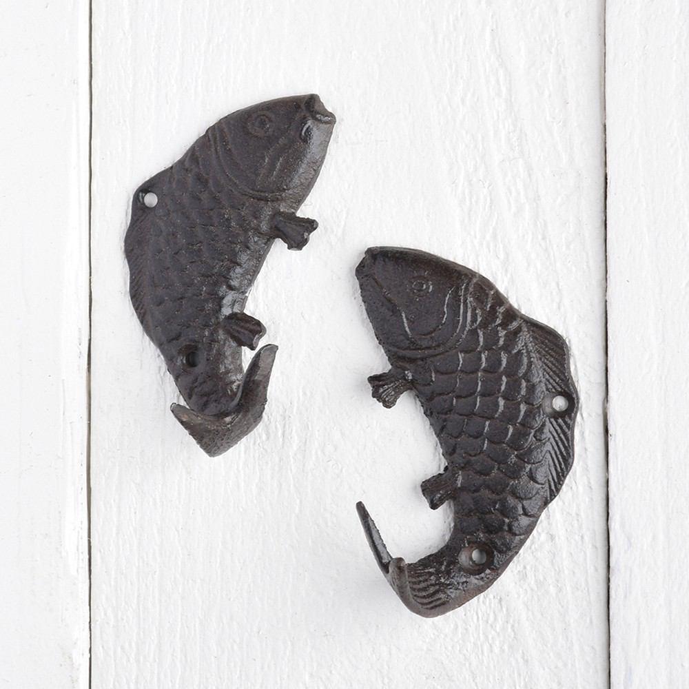 cast iron fish hook HomArt Fish Wall Hooks - Cast Iron - Pair of 2/4 Sets - Brown
