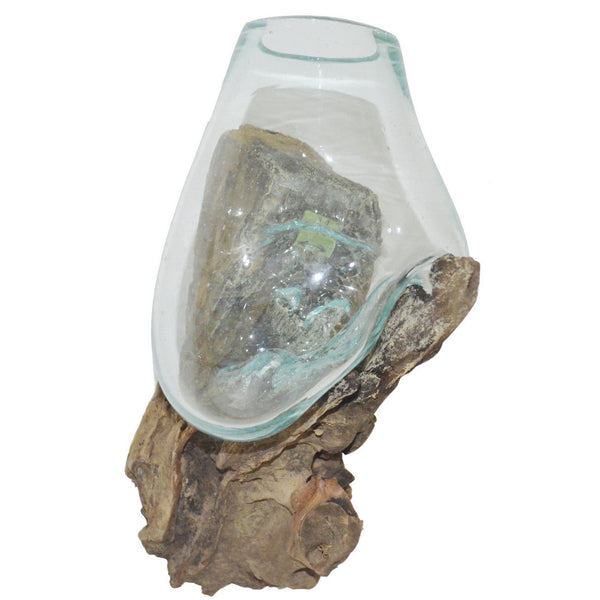 A&B Home Hanging Glass Vessel - Teak Root Stand - Set Of 2