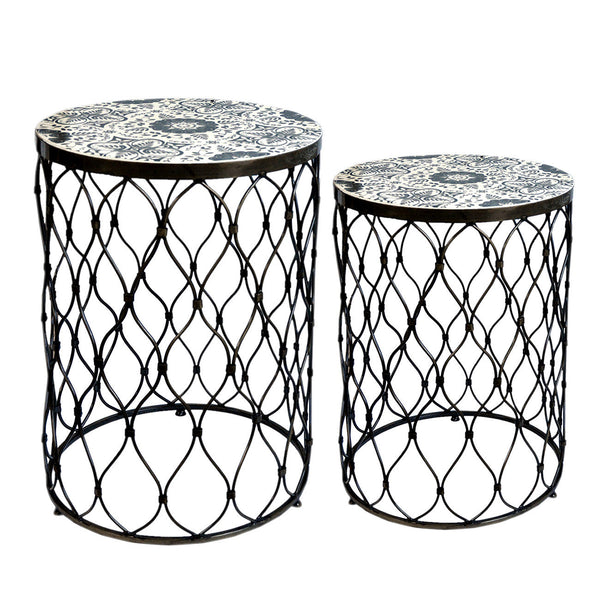 A&B Home Fenna Antique-Brass Tables With Decorative Wood Top - Set Of 2