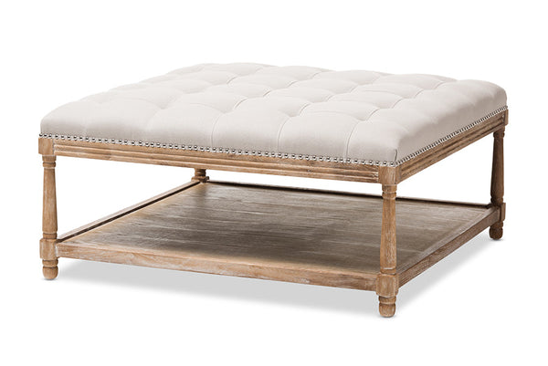 baxton studio carlotta french country weathered oak beige linen square coffee table ottoman | Modish Furniture Store-6