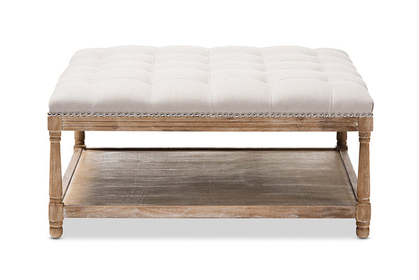 baxton studio carlotta french country weathered oak beige linen square coffee table ottoman | Modish Furniture Store-5