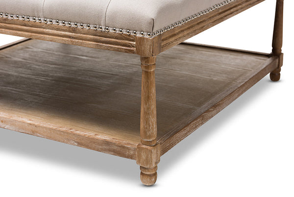 baxton studio carlotta french country weathered oak beige linen square coffee table ottoman | Modish Furniture Store-4
