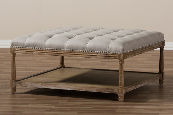 baxton studio carlotta french country weathered oak beige linen square coffee table ottoman | Modish Furniture Store-2