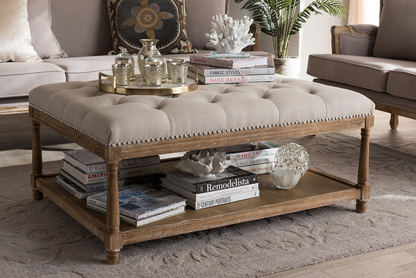 Baxton Studio Carlotta French Country Weathered Oak Beige Linen Rectangular Coffee Table Ottoman | Modishstore | Ottomans