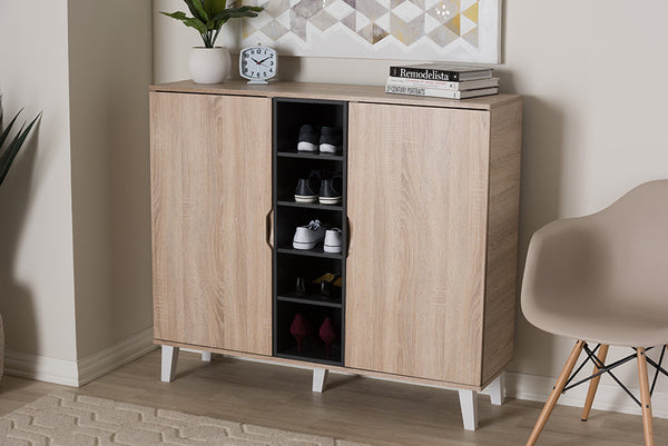 baxton studio adelina mid century modern 2 door oak and grey wood shoe cabinet | Modish Furniture Store-2