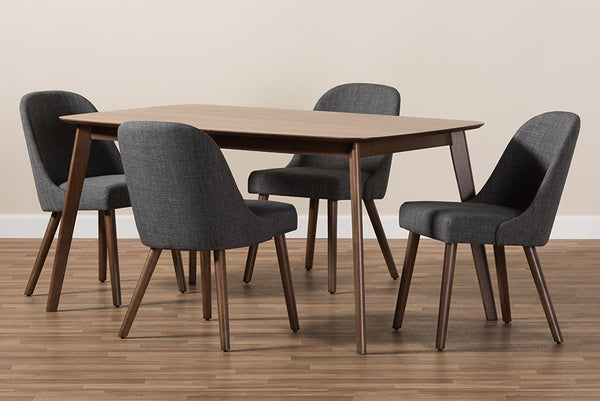 baxton studio cody mid century modern dark grey fabric upholstered walnut finished wood 5 piece dining set | Modish Furniture Store-4