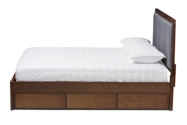 baxton studio brannigan modern and contemporary dark grey fabric upholstered walnut finished king size storage platform bed | Modish Furniture Store-3