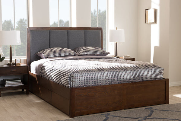 baxton studio brannigan modern and contemporary dark grey fabric upholstered walnut finished king size storage platform bed | Modish Furniture Store-8