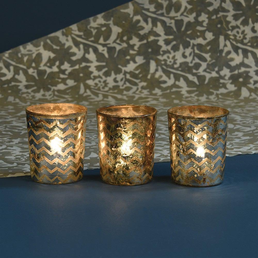 HomArt Chevron Glass Etched Votive - Frost Copper Oxidized - Set of 6 - Feature Image | Modishstore | Candle Holders