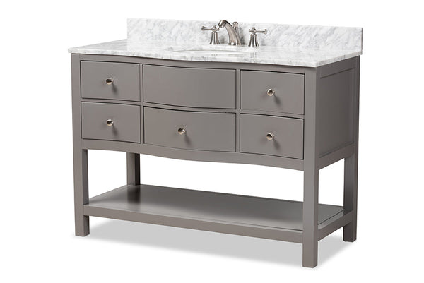 baxton studio castie 48 inch modern and contemporary grey finished wood and marble single sink bathroom vanity | Modish Furniture Store-3