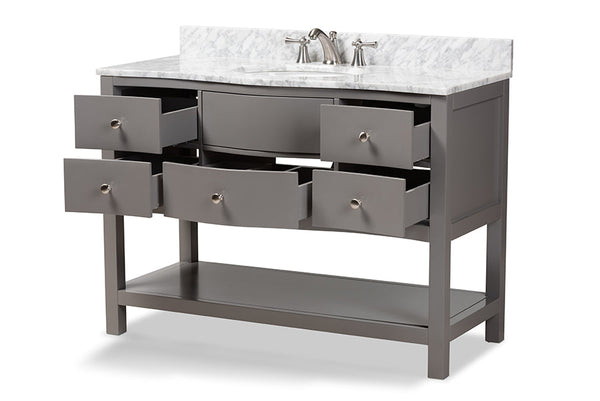 baxton studio castie 48 inch modern and contemporary grey finished wood and marble single sink bathroom vanity | Modish Furniture Store-4