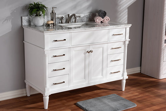 Baxton Studio Monte 48-Inch Transitional White finished Wood and Marble Single Sink Bathroom Vanity | Modishstore | Cabinets