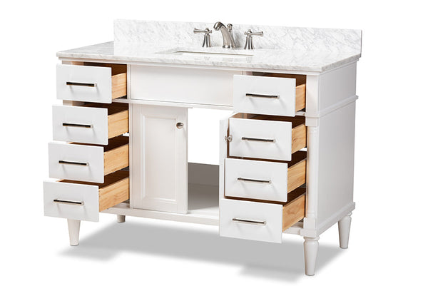 baxton studio monte 48 inch transitional white finished wood and marble single sink bathroom vanity | Modish Furniture Store-5