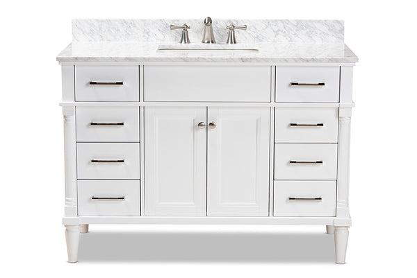 baxton studio monte 48 inch transitional white finished wood and marble single sink bathroom vanity | Modish Furniture Store-6