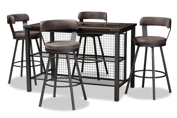 baxton studio arcene rustic and industrial antique grey fabric upholstered 5 piece pub set | Modish Furniture Store-2