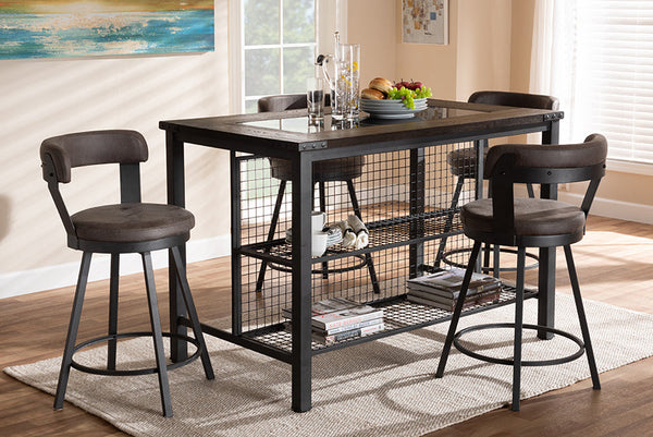 Baxton Studio Arcene Rustic and Industrial Antique Grey Fabric Upholstered 5-Piece Pub Set | Modishstore | Bar Furniture
