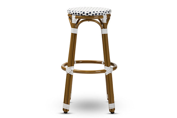 baxton studio joelle classic french indoor and outdoor navy and white bamboo style stackable bistro bar stool | Modish Furniture Store-3
