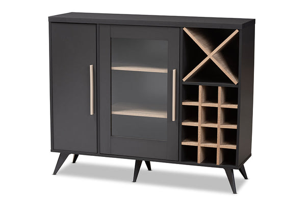 baxton studio pietro mid century modern dark grey and oak finished wine cabinet | Modish Furniture Store-2