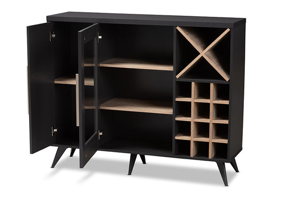 baxton studio pietro mid century modern dark grey and oak finished wine cabinet | Modish Furniture Store-3