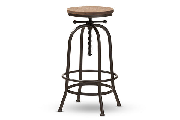 baxton studio aline vintage rustic industrial style wood and rust finished steel adjustable swivel bar stool | Modish Furniture Store-2