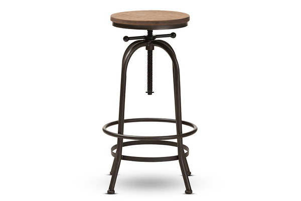baxton studio aline vintage rustic industrial style wood and rust finished steel adjustable swivel bar stool | Modish Furniture Store-3
