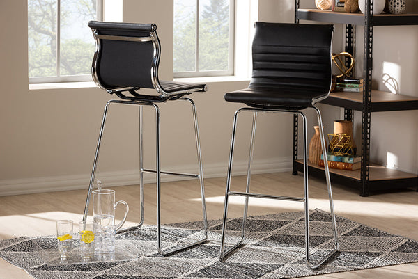 Baxton Studio Giorgio Modern and Contemporary Black Faux Leather Upholstered Chrome-Finished Steel Bar Stool Set | Modishstore | Bar Stools