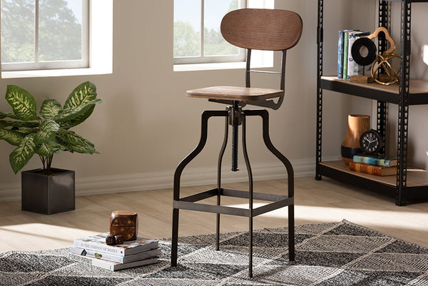 Baxton Studio Varek Vintage Rustic Industrial Style Wood and Rust-Finished Steel Adjustable Swivel Bar Stool | Modishstore | Bar Stools