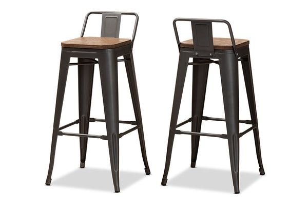 baxton studio henri vintage rustic industrial style tolix inspired bamboo and gun metal finished steel stackable bar stool with backrest set | Modish Furniture Store-2