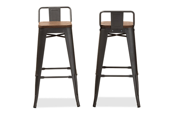 baxton studio henri vintage rustic industrial style tolix inspired bamboo and gun metal finished steel stackable bar stool with backrest set | Modish Furniture Store-3