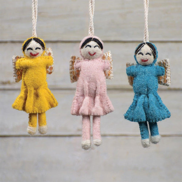 HomArt Felt Sequin Angel Ornaments - Set of 6 - Teal - Yellow - Pale Pink | Modishstore | Holiday
