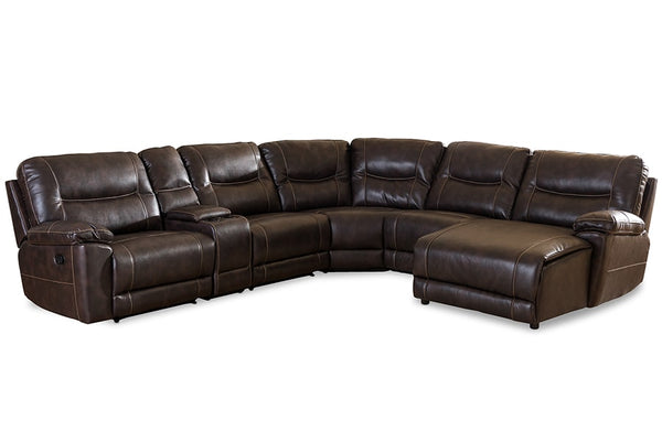 baxton studio mistral modern and contemporary dark brown bonded leather 6 piece sectional with recliners corner lounge suite | Modish Furniture Store-2