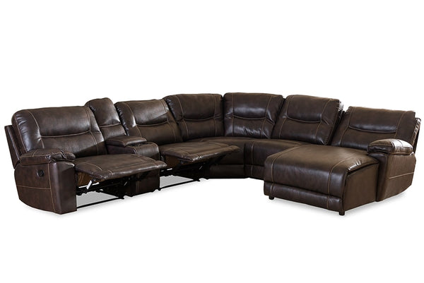 baxton studio mistral modern and contemporary dark brown bonded leather 6 piece sectional with recliners corner lounge suite | Modish Furniture Store-3
