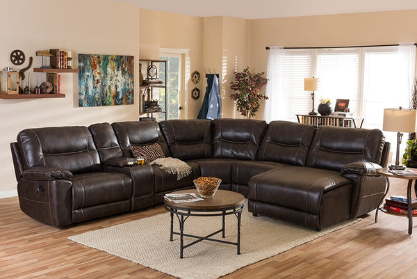 baxton studio mistral modern and contemporary dark brown bonded leather 6 piece sectional with recliners corner lounge suite | Modish Furniture Store-10