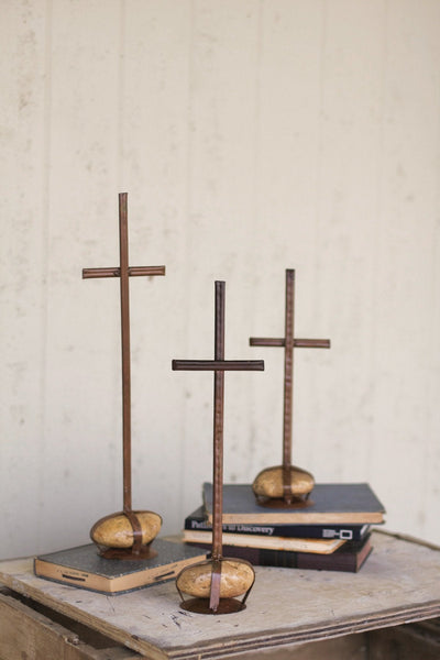 Kalalou Scrap Metal Crosses With Caged Rock Bases - Set Of 3 | Modishstore | Holiday