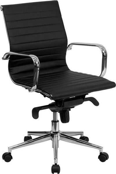 Flash Furniture Mid-Back Black Ribbed Upholstered Leather Swivel Conference Chair | Office Chairs | Modishstore