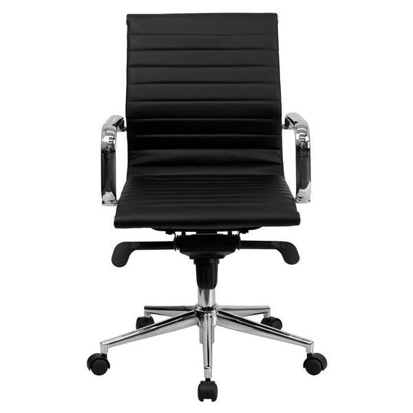 Flash Furniture Mid-Back Black Ribbed Upholstered Leather Swivel Conference Chair | Office Chairs | Modishstore-2