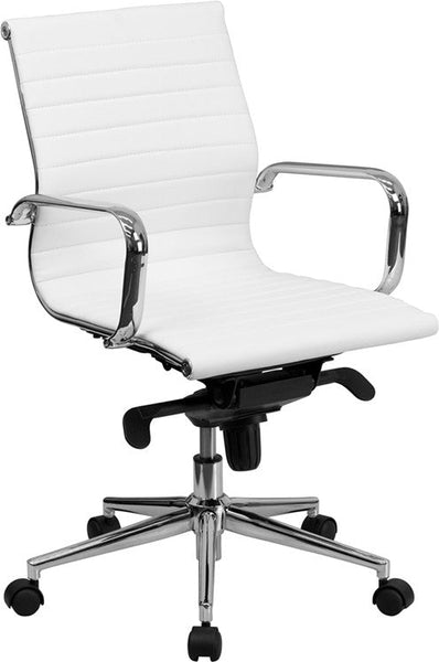 Flash Furniture Mid-Back White Ribbed Upholstered Leather Swivel Conference Chair | Office Chairs | Modishstore