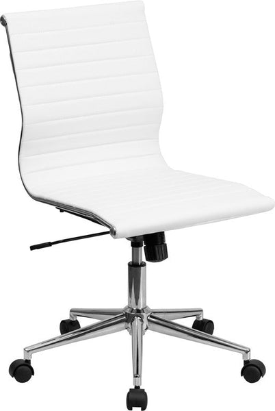 Flash Furniture Mid-Back Armless White Ribbed Upholstered Leather Swivel Conference Chair | Office Chairs | Modishstore