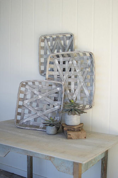 Kalalou Grey Wash Square Woven Split Wood Baskets - Set Of 3 | Modishstore | Trays