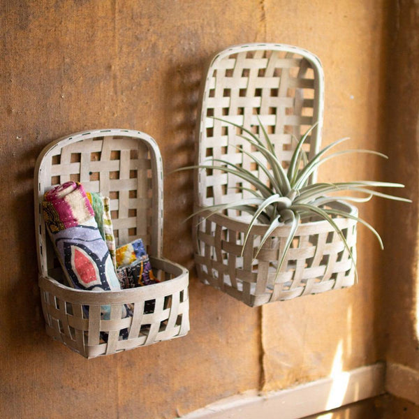 Kalalou Set Of 2 Grey Washed Hanging Split Wood Baskets With Pocket | Modishstore | Bins, Baskets & Buckets