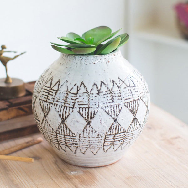 Kalalou Round Geometric Ceramic Vessel | Modishstore | Planters, Troughs & Cachepots