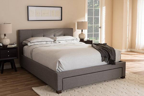 Baxton Studio Brandy Modern and Contemporary Grey Fabric Upholstered King Size Platform Bed with Storage Drawer | Modishstore | Beds