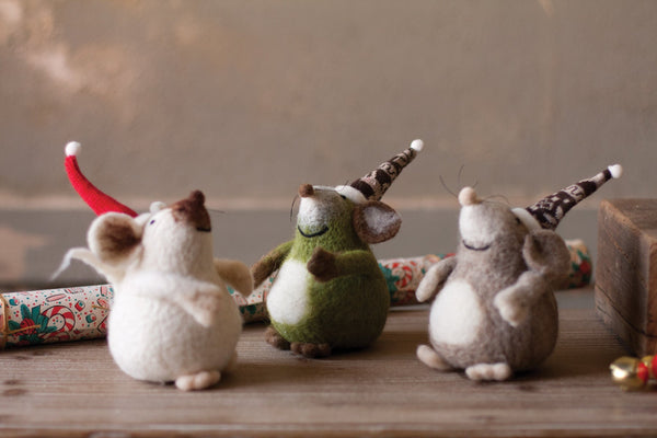 Kalalou Felt Mice With Christmas Hats - Set Of 6 | Modishstore | Holiday