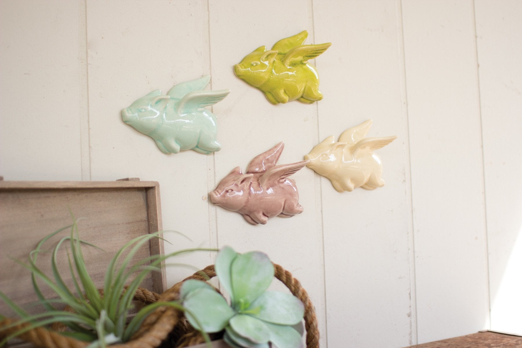 Kalalou Ceramic Flying Pigs - Set Of 4 | Modishstore | Wall Decor