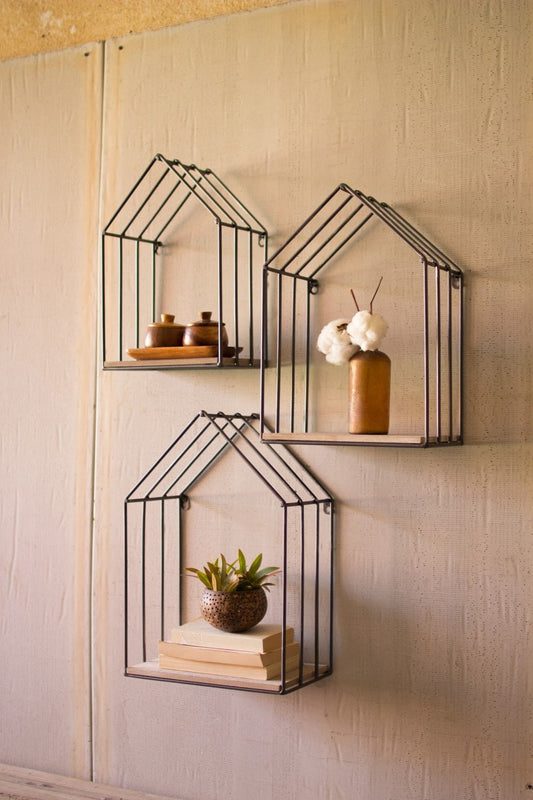 Kalalou Set Of 3 Wood And Metal House Shelves | Modishstore | Wall Shelf