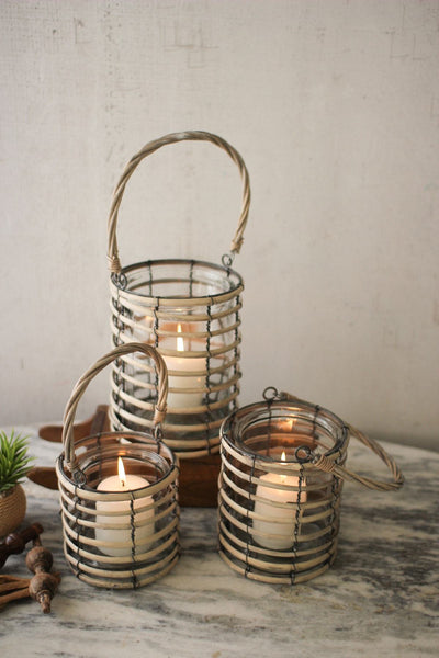 Kalalou Set Of 3 Grey Willow Lanterns With Glass | Modishstore | Lanterns