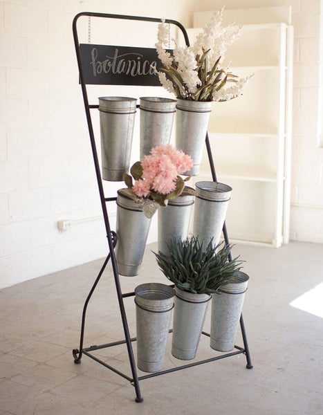 Kalalou Flower Rack With Nine Galvanized Buckets | Modishstore | Planters, Troughs & Cachepots