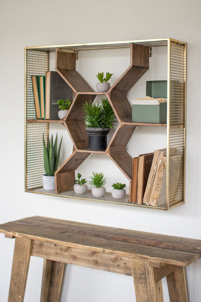Kalalou Wooden Honey Comb Shelf With Metal Mesh Frame - Ant Brass Finish | Modishstore | Wall Shelf