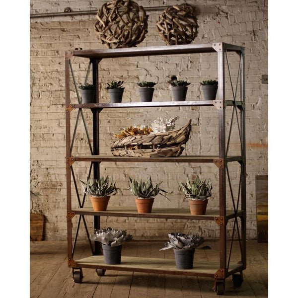 Kalalou Tall Iron And Wood Display With Five Shelves And Iron Casters-2